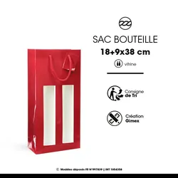 Tasche für 2 Flaschen mit Fenster aus rotem Glanzpapier mit Kordelgriffen je 100 - Gimex