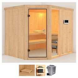 Karibu Sauna Frigga 3, BxTxH: 231 x 196 x 198 cm, 68 mm, (Set) 9-kW-Ofen mit externer Steuerung beige