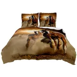 Oduo Bettwäsche Set 3 Teilig Microfaser 3D Pferd Digital Print Bettwäsche Bettbezug Mit Reißverschluss + 2 Kissenbezüge 80X80cm (Braunes Pferd,135x200+80x80cm)