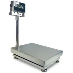 TMH INOX-Plattformwaage mit 150 kg und 500 x 650 mm mit Säule. Edelstahlwaagen für Säcke, Kartons, Lebensmittelverpackungen.