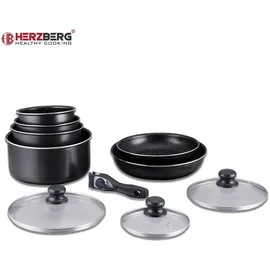 HERZBERG HG-5000: 10-Teiliges Kochgeschirrset mit Marmorbeschichtung schwarz - Schwarz