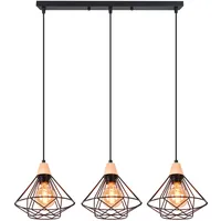 iDEGU 3-flammig Pendelleuchte Industrielle Hängelampe aus Holz und Metall Vintage Lampe mit 22cm Geometrischem Käfig Schwarz E27 Retro Hängeleuchte für Esszimmer Wohnzimmer Küche (3-flammig, Balken)