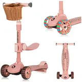 lionelo Franky 2in1 Kinder Laufrad bis 20 kg Balance Roller bis 50 kg Höhenverstellbar, LED-Räder, rutschfestes Trittbrett, Korb Pink - Rosa