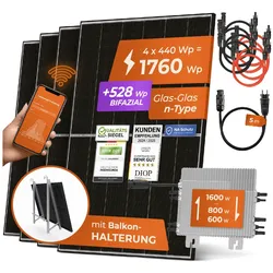 Solarway® 1760W Balkonkraftwerk 1600W komplett Steckdose - neuester 1600 Watt Wechselrichter - Solaranlage Komplettset - 440W Solarmodule & Deye & Zubehör