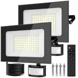papasbox 2 Stück 100W LED Strahler mit Bewegungsmelder Außen Lichtsensor | Außenstrahler Scheinwerfer Aussen mit Fernbedienung | 6500K Kaltweiß IP66 Wasserdicht Fluter für Garten Garage Sportplatz