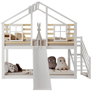 Flieks Etagenbett, Hochbett mit oberem Lattenrost Kinderbett mit Treppe &Rutsche 90x200cm weiß