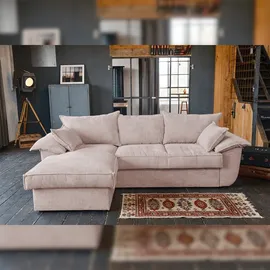 KAWOLA Sofa DAMETO Ecksofa Bettsofa Schlafsofa mit Stauraum Cord rosa Recamiere links