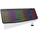 TECURS Tastatur Kabellose Gaming - Leise Tastatur QWERTZ Beleuchtet Ergonomisch Wasserdicht, 2.4Ghz Led Keyboard für Windows/Mac /PS4/ Xbox mit Multimedia-Tasten Schwarz