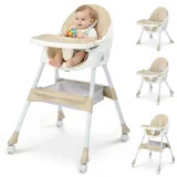 FCH Hochstuhl Baby 2-in-1 Vertehllbar und Klappbar Kinderhochstuhl mitwachsend Kindersitz Kinderstuhl mit Sicherheitsgurt ,Beige