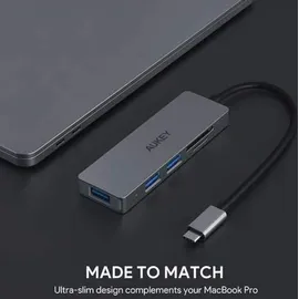 Aukey CB-C63 Hub 3-in-1, USB-A und USB-C SD- & microSD-Karten, Grau Silber