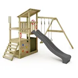FATMOOSE Spielturm Klettergerüst FruityForest mit Schaukel & Rutsche, Kletterturm mit Sandkasten, Leiter & Spiel-Zubehör – Anthrazit
