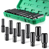 homdat 12-tlg Schlagschrauber Nüsse 1/2, Steckschlüsselsatz,Langnuss Satz 1/2 10,12,13,14,15,16,17,19,22,23,24mm, Impact Socket Set mit Kunststoffkoffer,2 Verlängerungen, 12-teilig