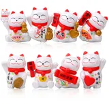 HERCHR 8 Stück Mini Maneki Neko Glückskatzenfiguren, Japanische Glückskatzenfiguren Winkende, Lucky Wealth Begrüßungskatze, Winkekatze Glückskatze Glücksbringer Keramik Winkende Katze Winkekatze