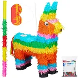 Relaxdays - 4 tlg. Pinata Set Lama, xxl Konfetti Sack, Pinatastab mit Augenmaske, Geburtstagspinata Esel, Stock & Augenbinde, bunt