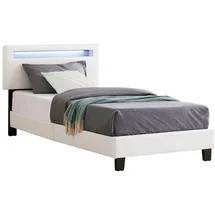 CARO-Möbel Polsterbett Benito 90x200 cm mit LED Beleuchtung, modernes Einzelbett mit verstellbarem Kopfteil, Jugendbett mit Bezug aus Lederimitat in weiß Textil, Mode, Schlafzimmer, Betten, Polsterbetten