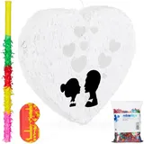 Relaxdays - 4 tlg. Pinata Set Hochzeit, xxl Konfetti Sack 0,28 kg, Pinatastab mit Augenbinde, Herzpinata, Pinatastock & Maske, bunt