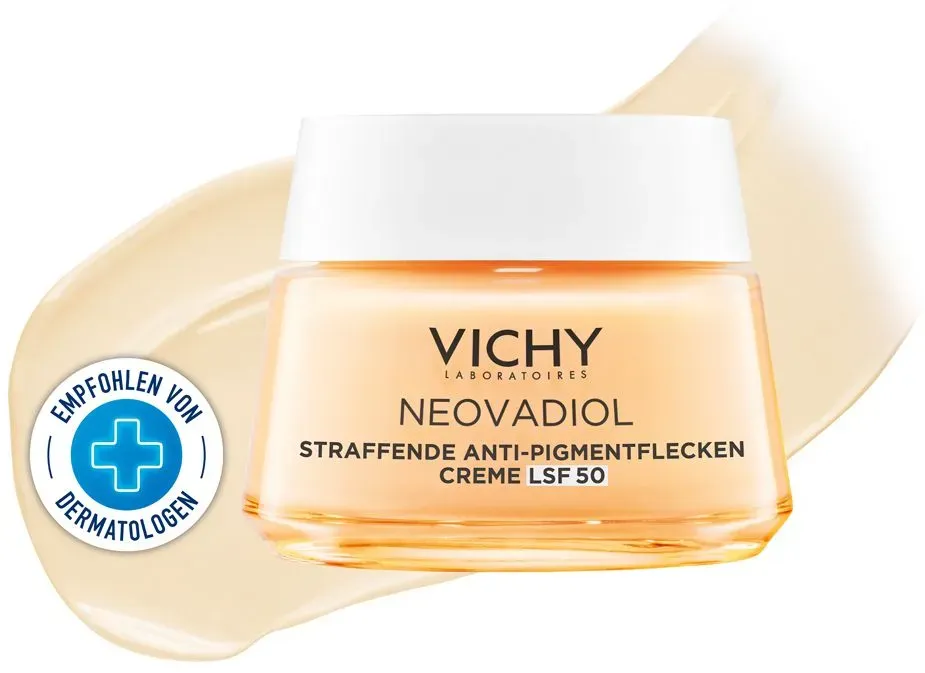 Vichy Neovadiol Straffende Anti-Pigmentflecken Creme LSF 50 mit 3-facher Anti-Aging-Wirkung und dem höchsten Lichtschutzfaktor 50.