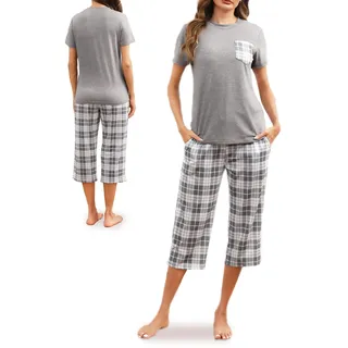 Reliwel Schlafanzug Damen Kariert Kurzarm Pyjama Set Zweiteiliger Top und 3/4 Lang Hose Pyjama Damen Kurz Hausanzug Sleepwear Nachtwäsche für Frühling Sommer Herbst - L