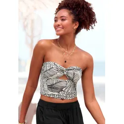 Bandeautop S.OLIVER, Damen, Gr. 36, schwarz-weiß (creme, schwarz, bedruckt), Web, Obermaterial: 100% Viskose, bedruckt, modisch, figurbetont taillenlang, ohne Ärmel, Tops, mit Knotendetail und Alloverprint, schulterfrei, figurbetont