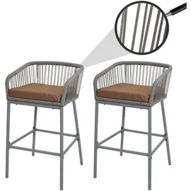 Mendler 2er-Set Rope-Barhocker HWC-O22, Tresenhocker, Outdoor Sitzpolster Seilgeflecht Metall ~ hellgrau, Kissen taupe