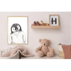 Bild mit Rahmen QUEENCE "Pinguin", schwarz (farbe rahmen: natur, braun, beige, farbe bild(er): schwarz), B:30cm H:40cm T:1,5cm, Plexiglas, Holz, Bilder, HD Premium Posterdruck mit Echtholzrahmen