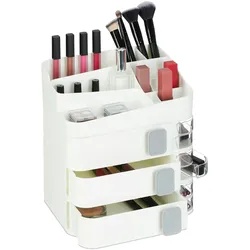 Relaxdays Make Up Organizer, 24 Fächer, Kosmetik Aufbewahrung, Kunststoff, HxBxT: 27,5x26x21 cm, Kosmetikorganizer, weiß