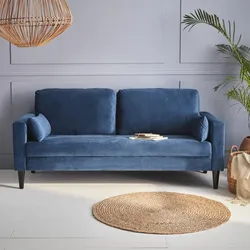 Gerades Sofa Blauer Samt - Bjorn - 3er Sofa mit Holzbeinen in skandinavischem Design