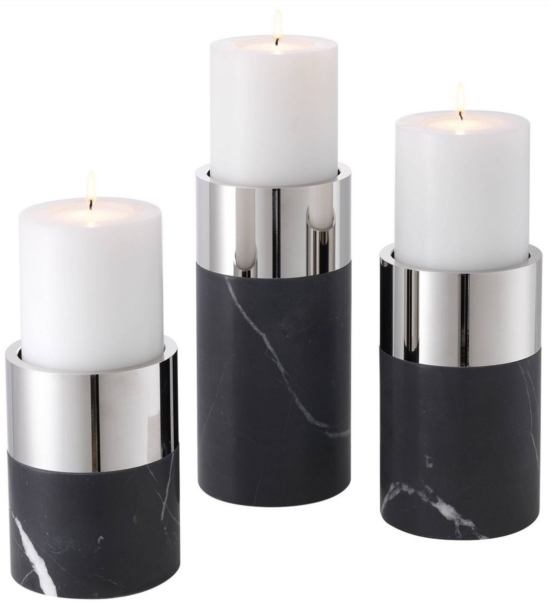 Casa Padrino Luxus Kerzenhalter Set Schwarz / Silber - 3 runde Marmor Kerzenhalter - Luxus Qualität - Deko Accessoires