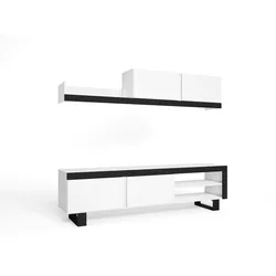 SKRAUT HOME IDEM Wohnzimmer, Möbelset, Hängeelement, TV-Unterschrank, Wohnzimmer-Set Farbe Weiß/Schwarz -200x40x180cm - SALONIDEMBLANCOTALL