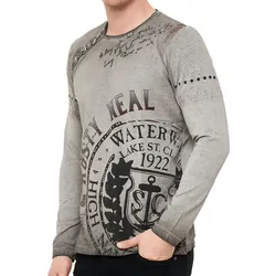 Herren Longsleeve im Vintage-Stil Langarm-Shirt Rundhals Baumwoll-Shirt R-10145 Grau - M