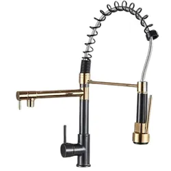 KLARWERK Björn | Gastronomie Gold Schwarz Küchenarmatur| Zwei Brausen | Edelstahl Professional Wasserhahn Küche| Doppelspülbecken Restaurant