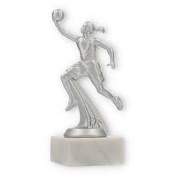 Pokal Kunststofffigur Basketballspielerin silbermetallic auf weißem Marmorsockel 17,5cm
