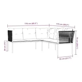 vidaXL Gartensofa in L-Form mit Kissen Schwarz Stahl und Textilene