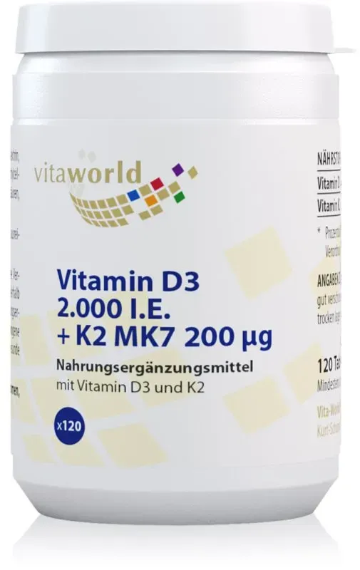 Vita World Vitamin D3 (2000 IE) + K2 MK7 (200 mcg) Tabletten für eine normale Funktion des Immunsystems, gesunde Knochen und Zähne und gute Muskelaktivität 36 g