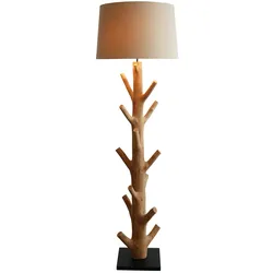 SalesFever Stehleuchte Treibholz 175cm, Leinen-Lampenschirm, Gestell Treibholz & Metallrohr, Fuß Heveaholz, B30xT30xH175cm, schwarz–natur–weiß