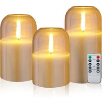 Echtwachs-LED-Kerzen mit Fernbedienung, Timer-Funktion, Paraffin, flammenlos, batteriebetrieben, Gold, 3 Stück Mumu