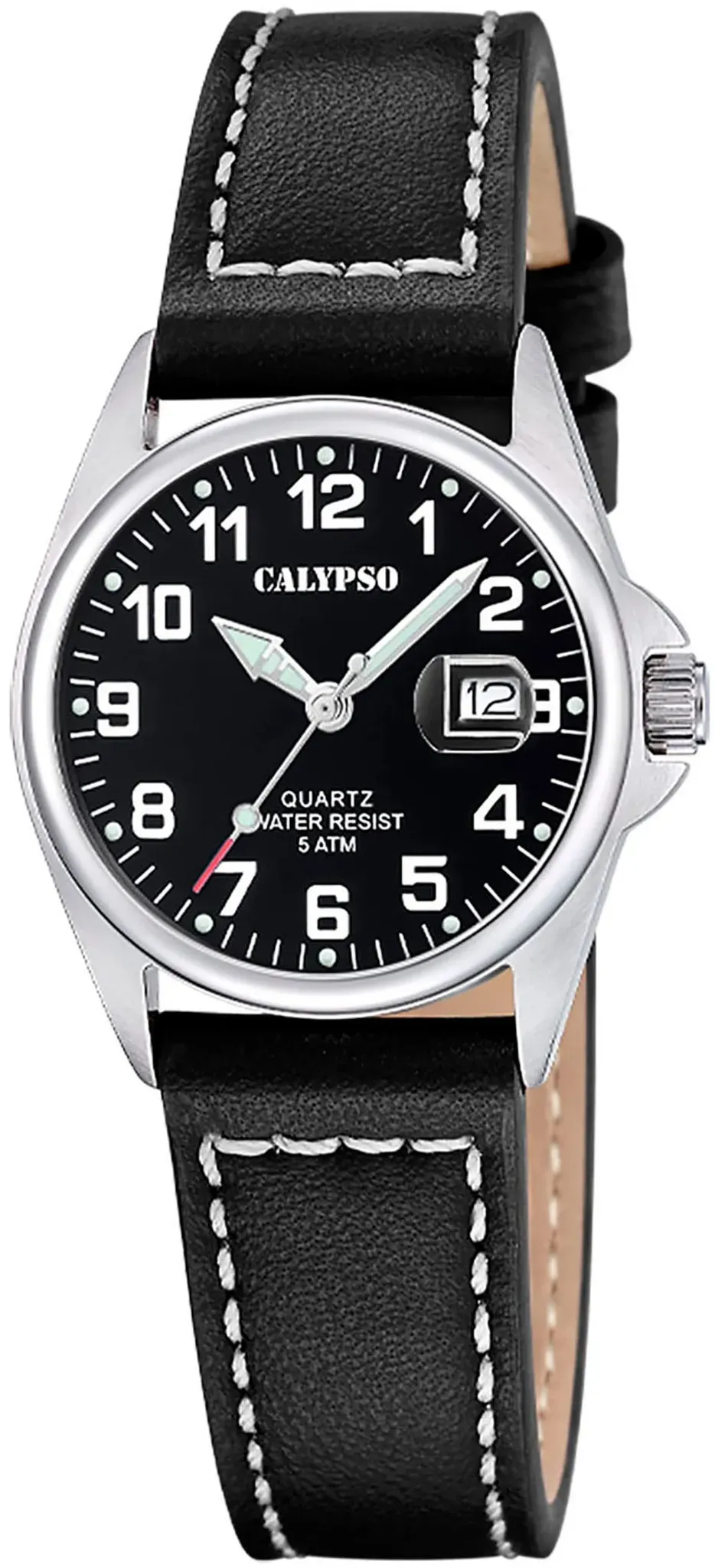 Quarzuhr CALYPSO WATCHES "Basic", schwarz, Armbanduhren, Damen, Armbanduhr, Damenuhr, Lederarmband, analog, Tag