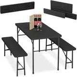 Relaxdays Bierzeltgarnitur klappbar, 3-tlg Bierbank Set mit großem Tisch, Garten, Festzeltgarnitur, Rattanoptik, schwarz