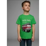 Kidsworld T-Shirt "Feuerwehr-Druck: PLATZ DA", Jungen, Gr. 104/110, grün, Single Jersey, Obermaterial: 100% Baumwolle, bedruckt, Basic, Shirts T-Shirt, Kurzarm, basic geschnitten, mit coolen Statements