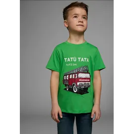 Kidsworld T-Shirt "Feuerwehr-Druck: PLATZ DA", Jungen, Gr. 104/110, grün, Single Jersey, Obermaterial: 100% Baumwolle, bedruckt, Basic, Shirts T-Shirt, Kurzarm, basic geschnitten, mit coolen Statements