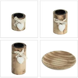 Relaxdays Teelichthalter Set, runde Dekoschale, mit Teelichtern & Steinen, Tischdeko Wohnzimmer, Esszimmer, Holz, natur