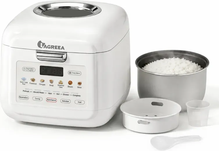 IAGREEA Mini-Reiskocher mit Sichtfenster, 2 l/4 Tassen ungekochter Reis, mit Sichtfenster, Dampfgarer & Warmhaltefunktion, Fuzzy-Logik, One-Touch-Kochen, 24-Stunden-Startverzögerung, automatische Warmhaltefunktion, Weiß