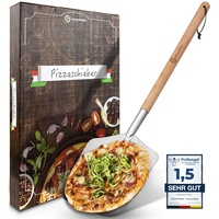 SQUALIPRODU® Pizzaschieber - Premium Pizzaschaufel aus rostfreiem Edelstahl und Buchenholz - stabiles Gewinde & robuster Holzstab - extra lang - entgratet - Schlaufe zum Aufhängen