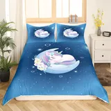 Loussiesd Kinder Einhorn Bettwäsche Blau Mond Drucken Bettwäsche Mädchen 155x220 Jugend Teenager Tiere Bettwäscheset Schöne Pferd Bettbezug Teens Blume Bettwäsche Einhorn mit Reißverschluss Krawatten