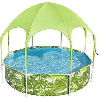 BESTWAY Steel Pro Frame Pool mit Sonnenschutzdach "Splash-in-Shade" ohne Pumpe Ø 244 x 51 cm, buntes Obst-Design, rund