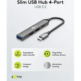 goobay Slim 4-Port USB-Hub, USB-CTM auf USB-CTM/USB-A, USB 3.2 - USB-CTM-Stecker > 1x USB-C 2x USB-A-Buchse USB 2.0)