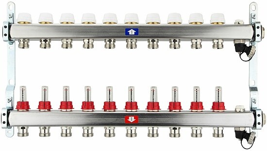 Fußbodenheizungsverteiler aus Edelstahl mit Topmeter für 10 Heizkreise - ohne Anschlussset