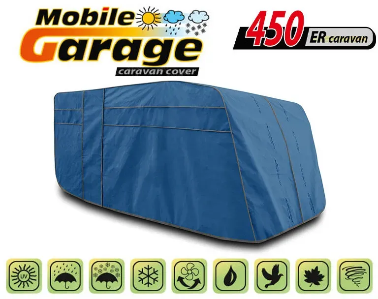 Hochwertige Kegel-Wohnwagenabdeckung, blau — Serie Mobile Garage 450ER