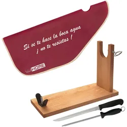 Wellhome Well Home - Schinkenständer aus Holz + Set mit Jamonermesser (25 cm), Chaira (21 cm) + Schutzhülle für Jamón 'Tiberic'
