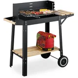 Relaxdays Grill mit Rädern, 2 Ablagen, höhenverstellbarer Rost, Windschutz, Grillwagen HBT: 80,5 x 86 x 42 cm, schwarz